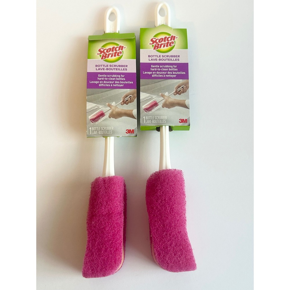 Scotch-Brite Bottle Scrubber 2 Pack Pink White 3M Non-Scratch Cleaning Brush 507